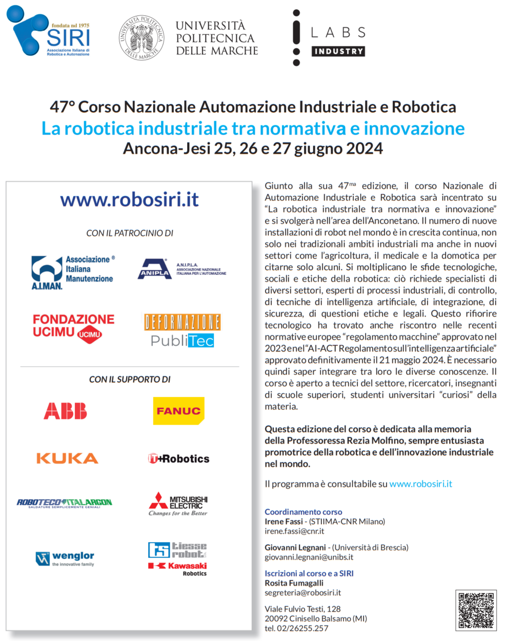 47° corso Nazionale di Automazione Industriale e Robotica, 25 – 26 – 27 giugno 2024